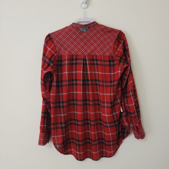 Vince. Womens Plaid Button-Down Shirt Red Black Long Sleeve Leather Band Size 10 - Picture 6 of 8
